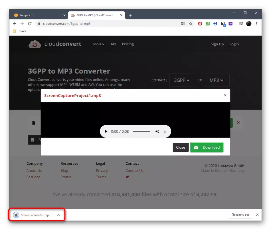 Udany plik pobierania po konwersji 3GPP do MP3 za pośrednictwem serwisu online Cloudcconvert