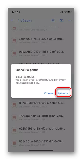 Appuyez sur Supprimer pour supprimer des fichiers via une application mobile Google Disc pour iOS