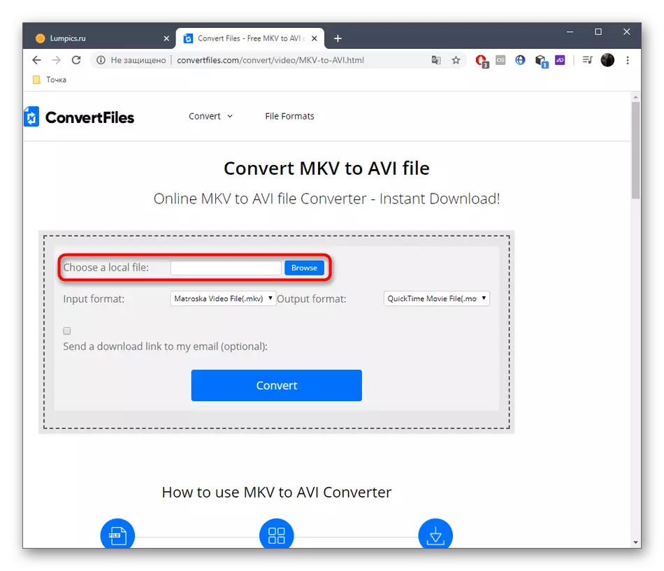 برو به انتخاب فایل برای تبدیل MKV به AVI از طریق Convertfiles خدمات آنلاین