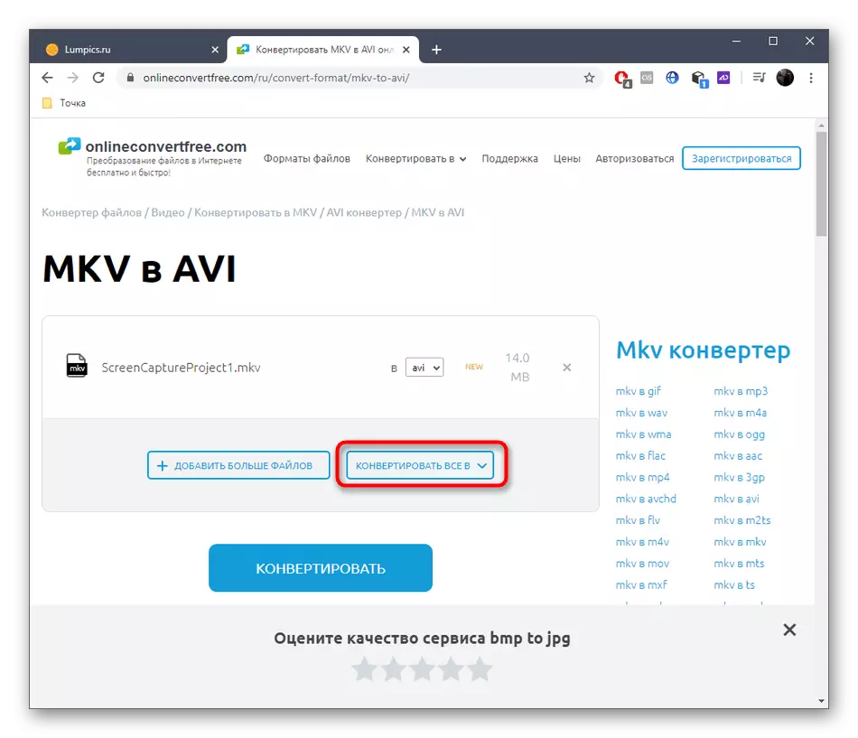 Izbira formata za pretvorbo MKV v AVI prek spletne storitve Onlineconvertefree