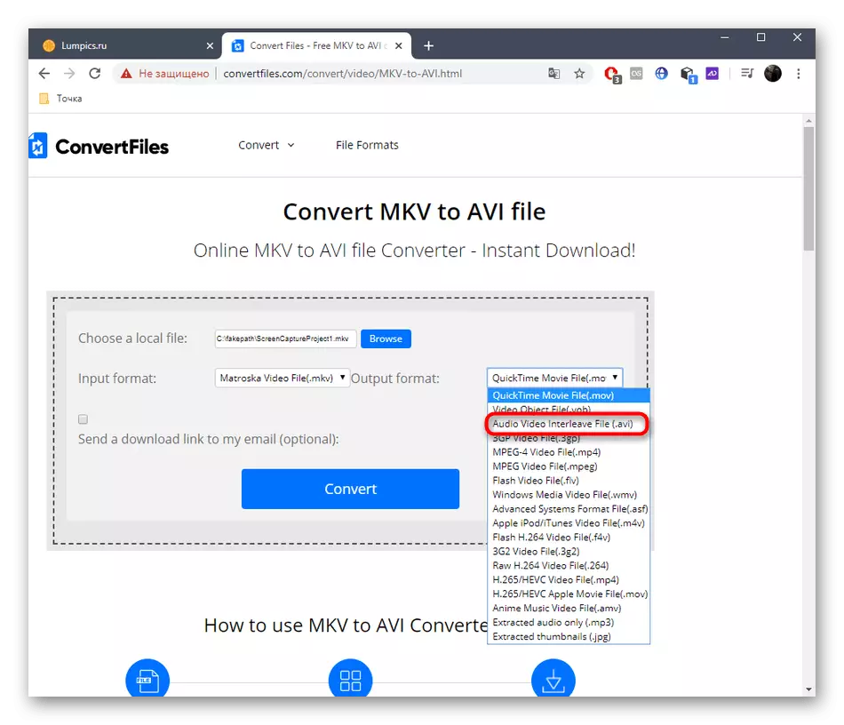Izbira končne datoteke za pretvorbo MKV v AVI prek spletne storitve ConvertFiles