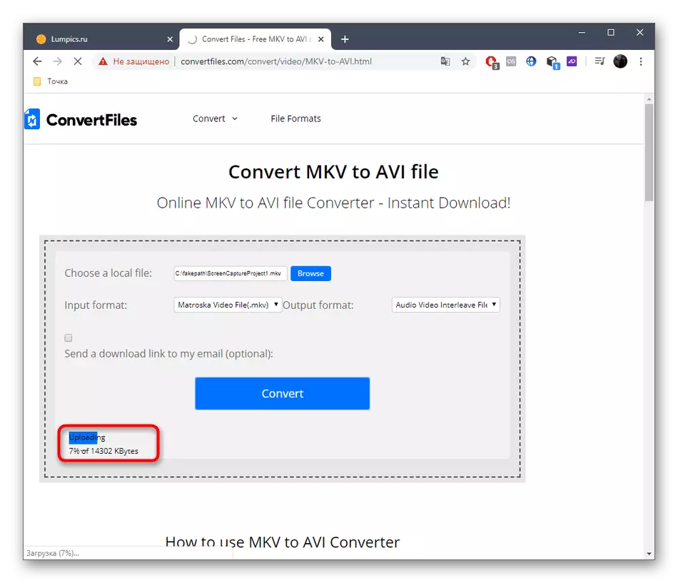 MKV-muuntamisprosessi AVI: ssä online-palvelun kautta Convertfiles