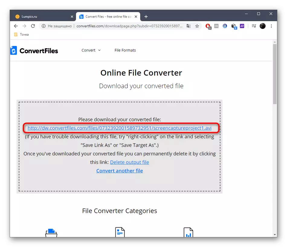 Downloadning af en fil efter konvertering af MKV i AVI via Online Service Convertfiles