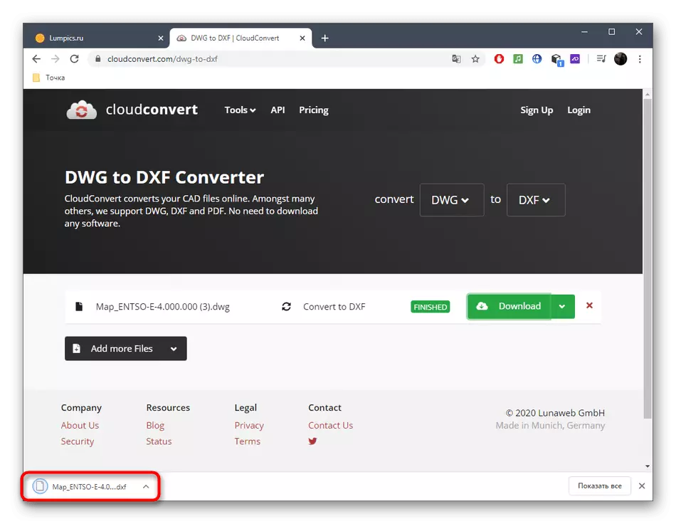 Apertura del archivo de resultados después de convertir DWG en DXF a través del servicio en línea CloudConvert