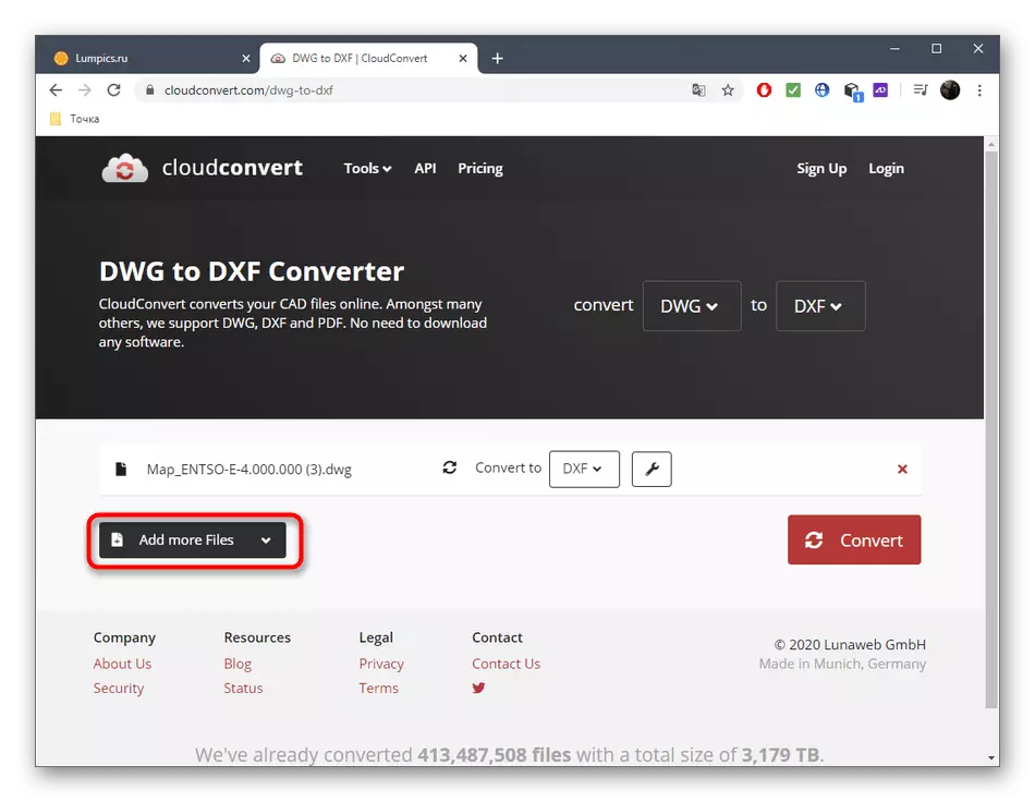 Aanvullende toevoeging van bestanden om DWG naar DXF te converteren via online Cloudconvert-service