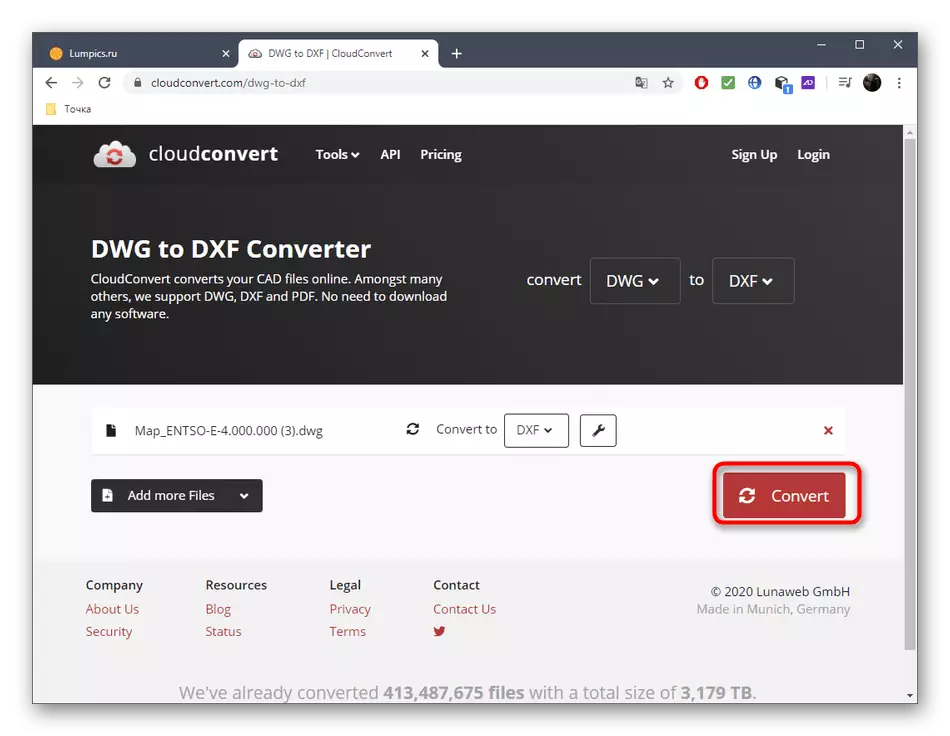 Running DWG konversijas procesu DXF, izmantojot tiešsaistes Cloudconvert pakalpojumu