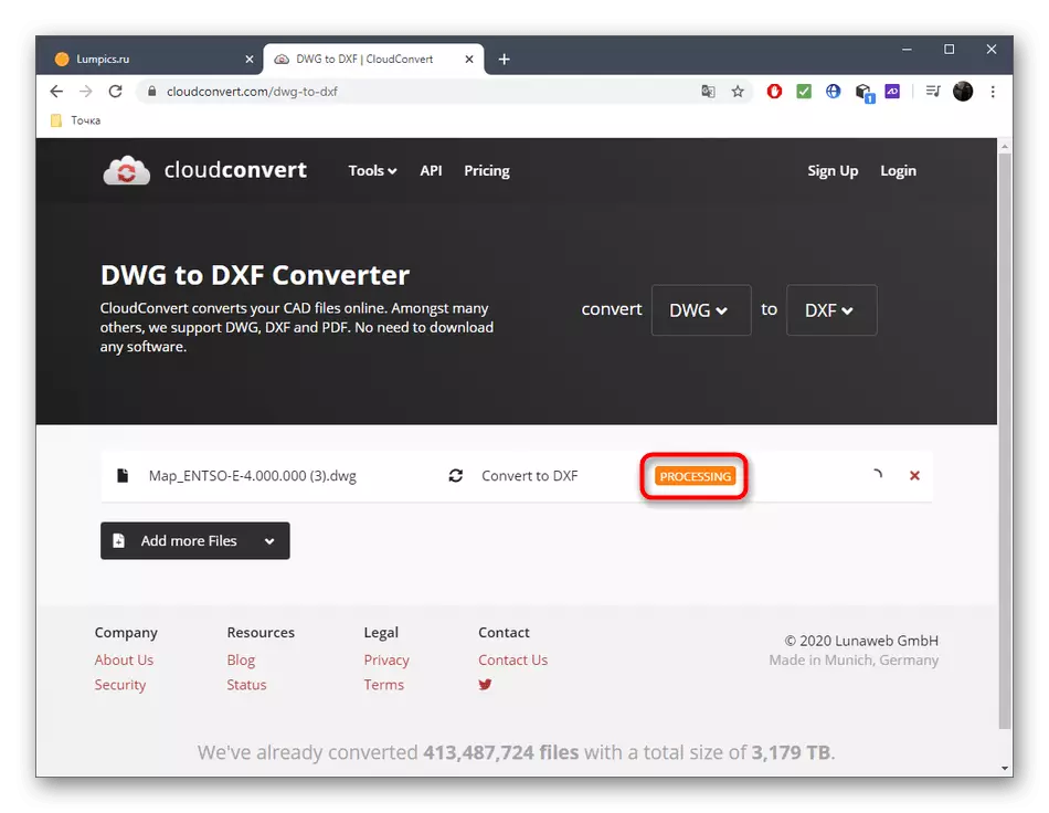 Onlayn CloudConvert xidməti vasitəsilə DCF-də DWG çevirmə prosesi