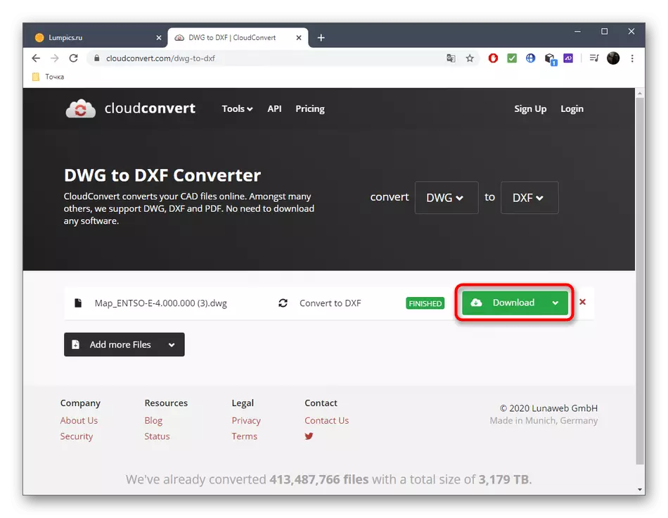 Download file pungkasan sawise konversi DWG ing DXF liwat layanan online Cloudconvert