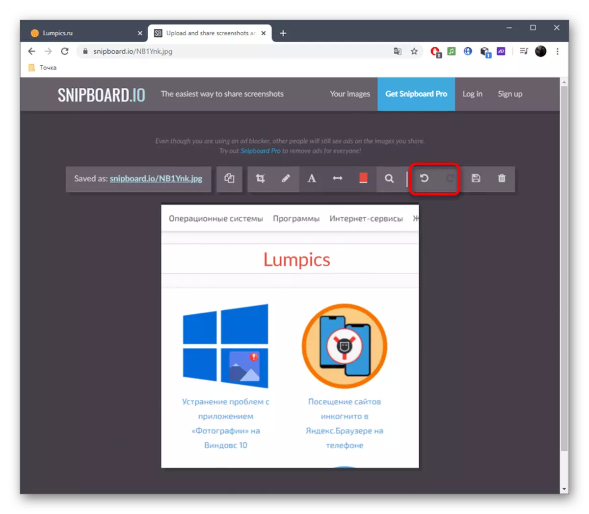 Cancel·lació durant l'edició d'una captura de pantalla en línia SNIPBOARD