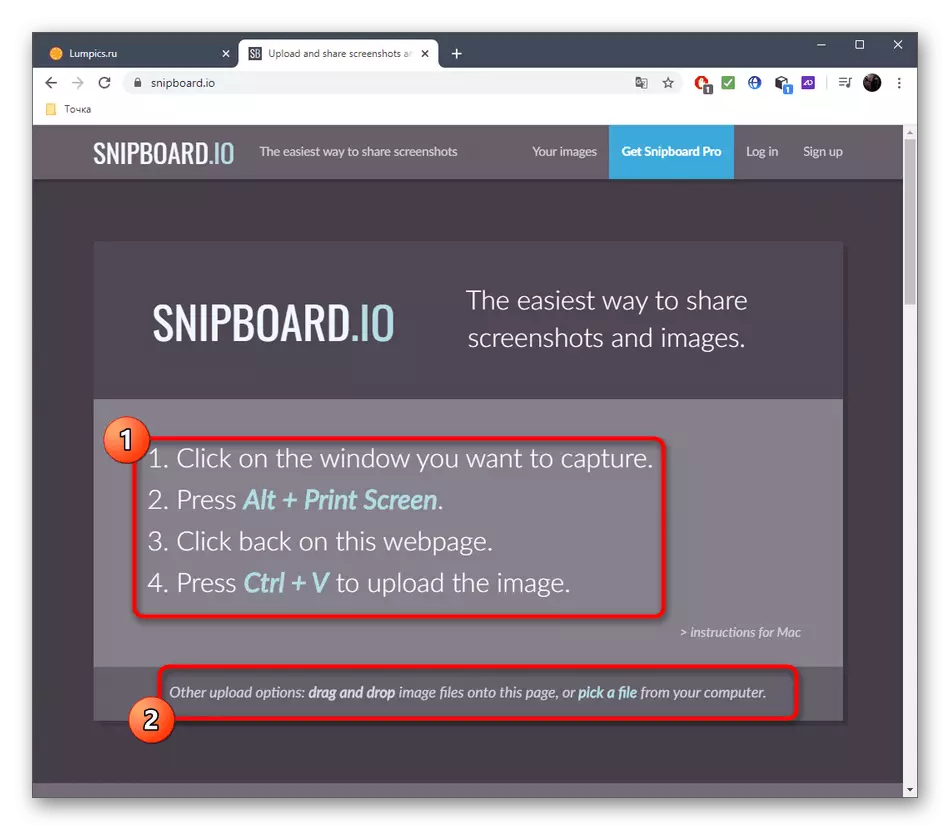 Izbor metoda screenshot punjenje putem online Snipboard usluga