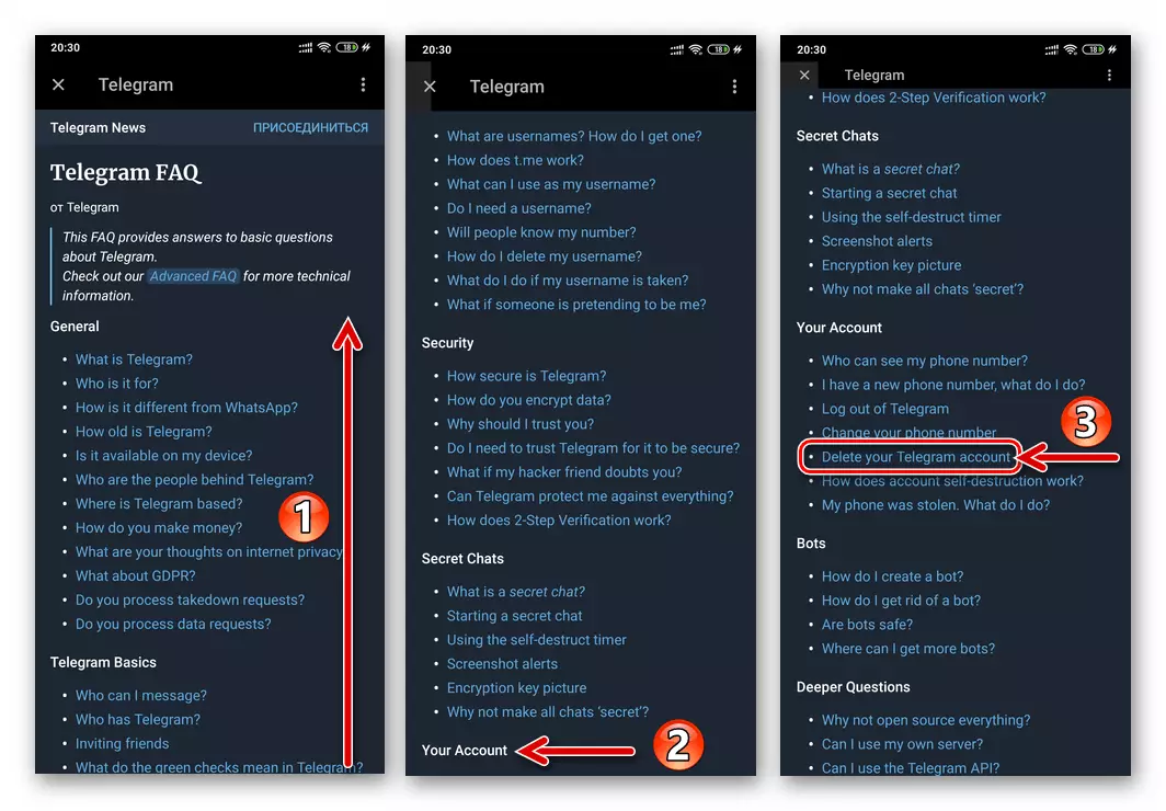 Télégramme pour Android - FAQ - Section Votre compte - Supprimer votre compte Telegram
