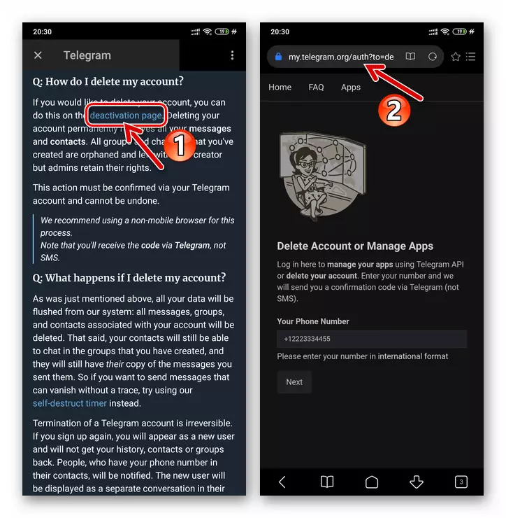 Telegramma Android pārejai uz Messenger konta deaktivizācijas tīmekļa lapu
