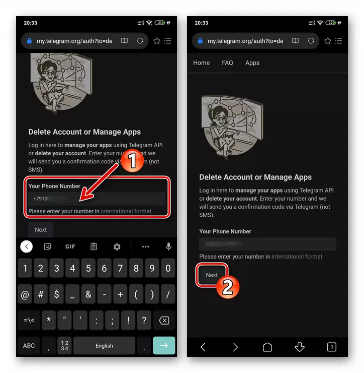 Telegram untuk Android Masukkan nombor telefon pada halaman pengaktifan akaun, pergi ke memadam akaun