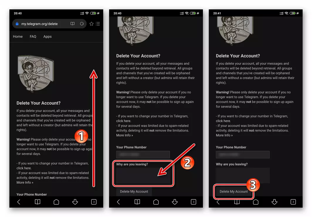 Android telegramma ievadiet iemeslu noņemšanas kontā dezaktivēšanas lapā, pāreja uz konta iznīcināšanu
