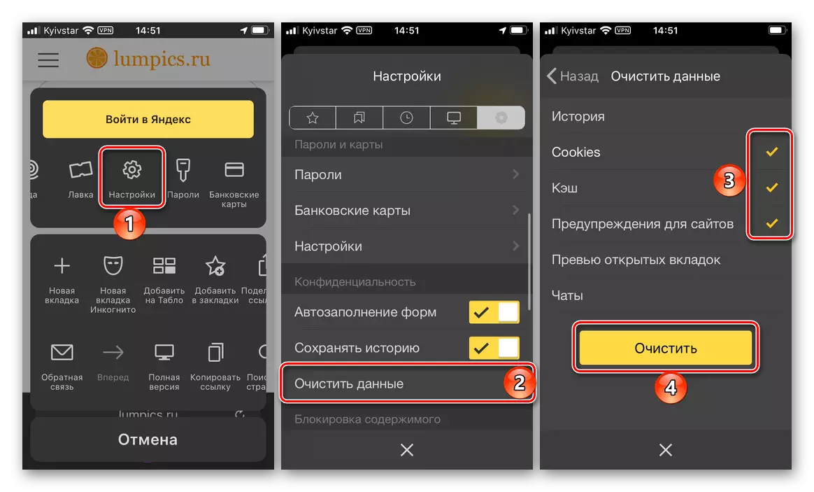 通过菜单清除手机上的所有Yandex.Bauser应用程序数据