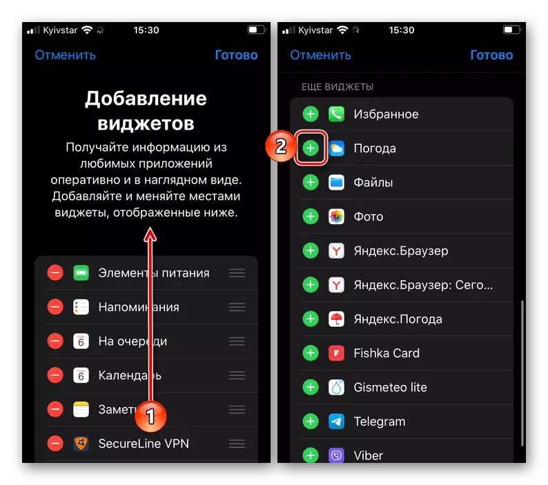Apple-widget tafoegje Wetter op Iphone
