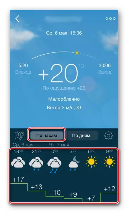 Καιρός από το ρολόι για την επιλεγμένη τοποθεσία στην εφαρμογή Gismeteo Lite στο iPhone