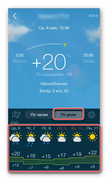 આઇફોન પર Gismeteo લાઇટ એપ્લિકેશનમાં પસંદ કરેલ સ્થાન માટે દિવસ દ્વારા હવામાન