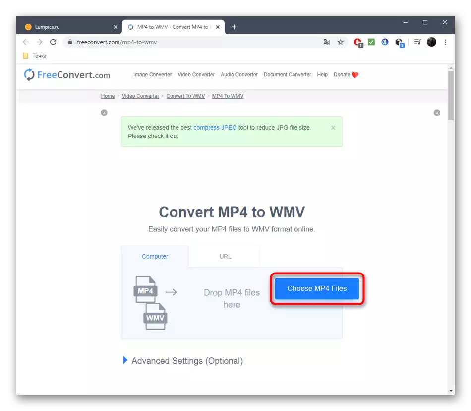Eikite į failo pasirinkimą, kad galėtumėte konvertuoti MP4 į WMV per internetinę freeeconvert paslaugą