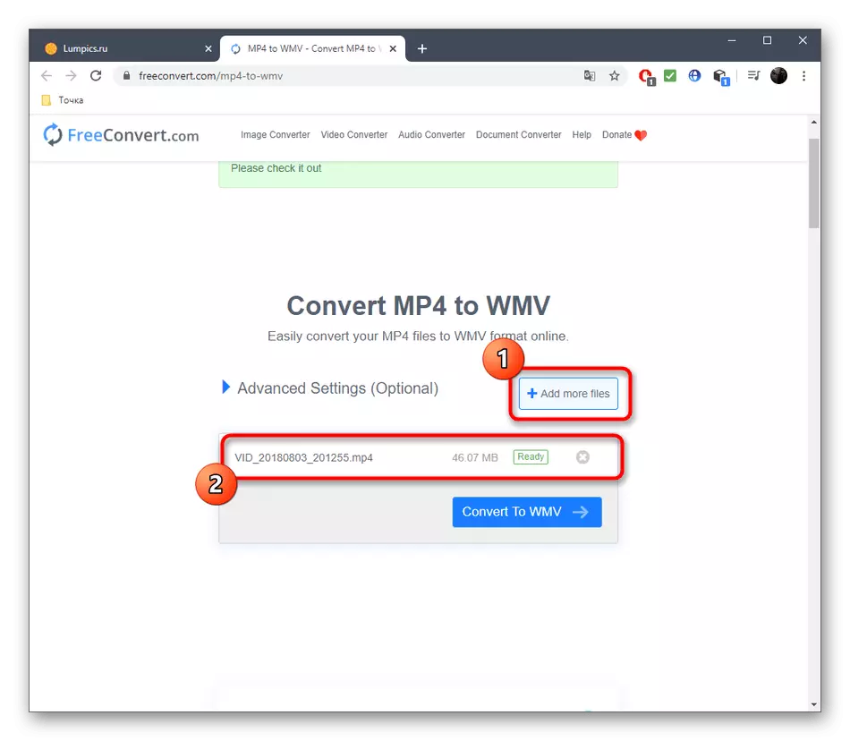 Dodajanje drugih datotek za pretvorbo MP4 na WMV preko spletnega Freeconvert Service