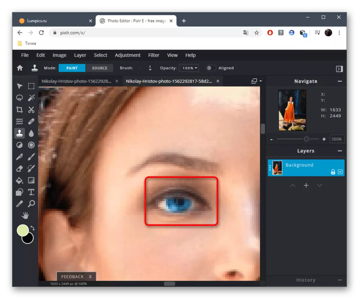 Đặt khả năng hiển thị của vùng mắt trước khi thay đổi màu trong dịch vụ trực tuyến Pixlr