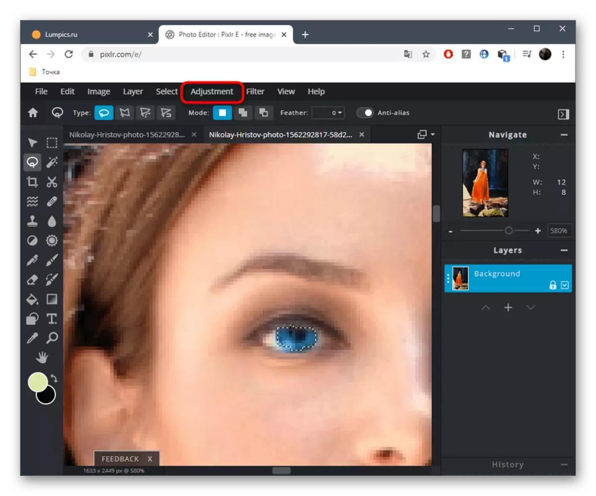 Siirtyminen työkaluihin muuttaaksesi silmien värin verkkopalvelun kautta Pixlr