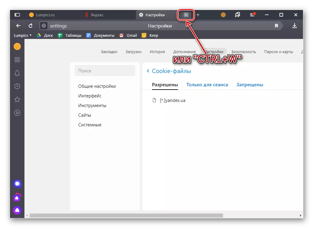 Yandex.rabrer सेटिंग्स पीसीमा बाहिर निस्कनुहोस्