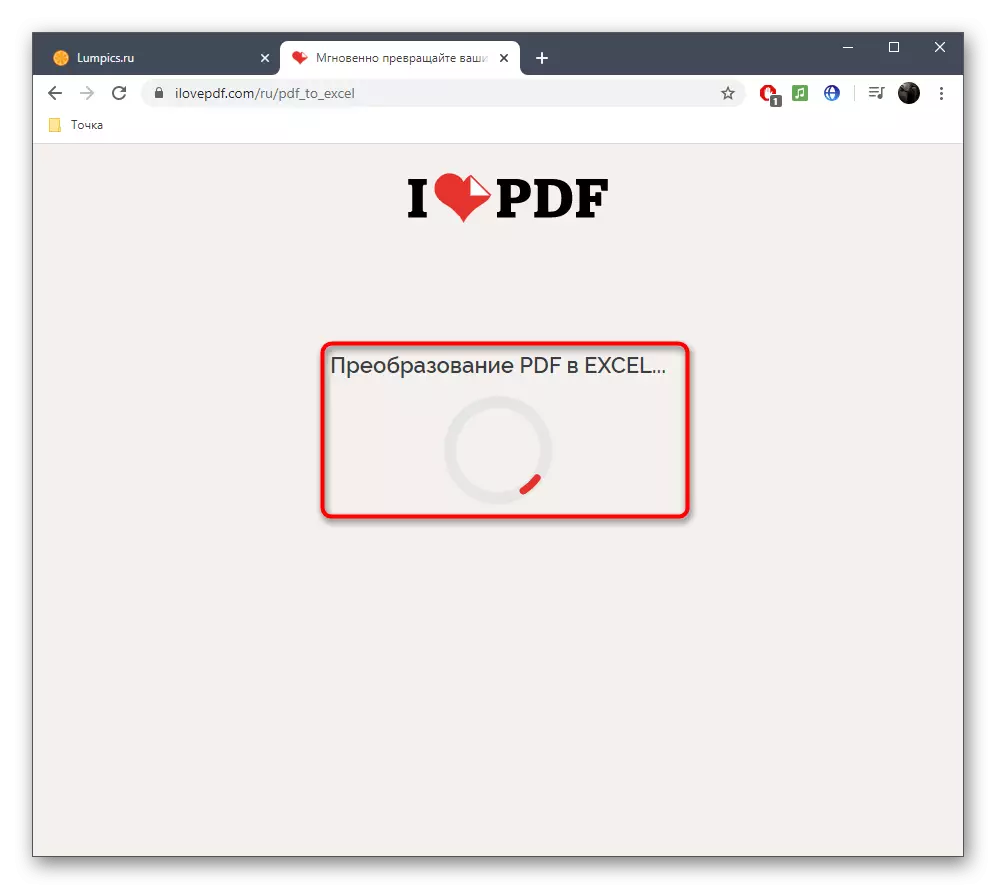 PDF: n muuntamisen prosessi XLSX: ssä online-ILOVEPDF-palvelun kautta