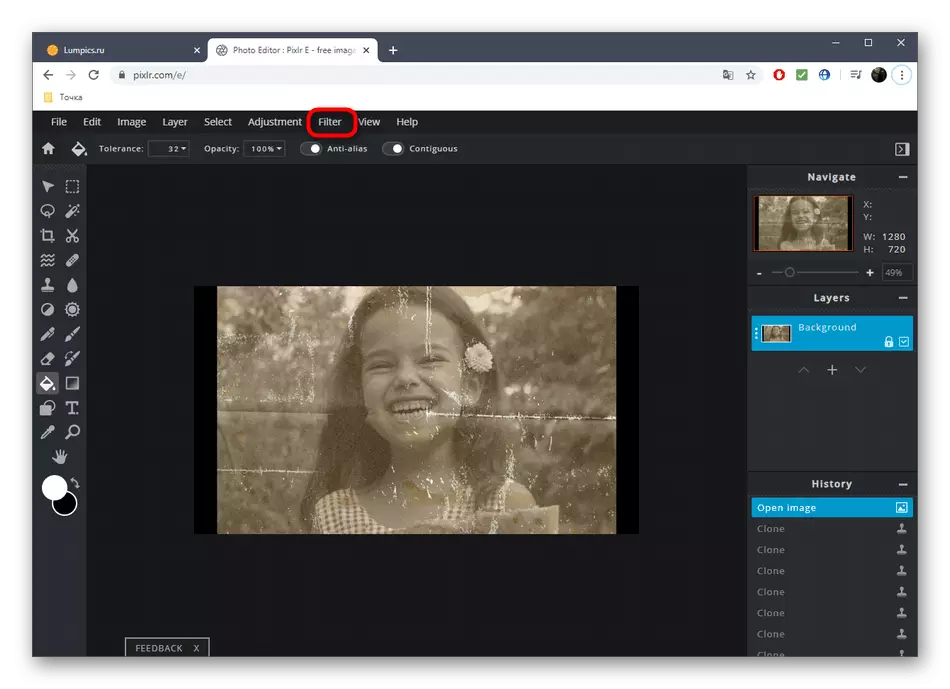 Tranziția la efectele de vizionare a fotografiilor de restaurare în serviciul online Pixlr