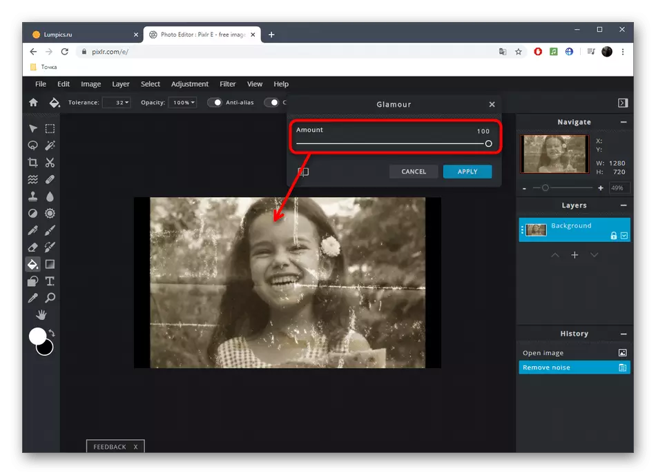 Îmbunătățirea calității fotografiei utilizând filtrul în serviciul online Pixlr