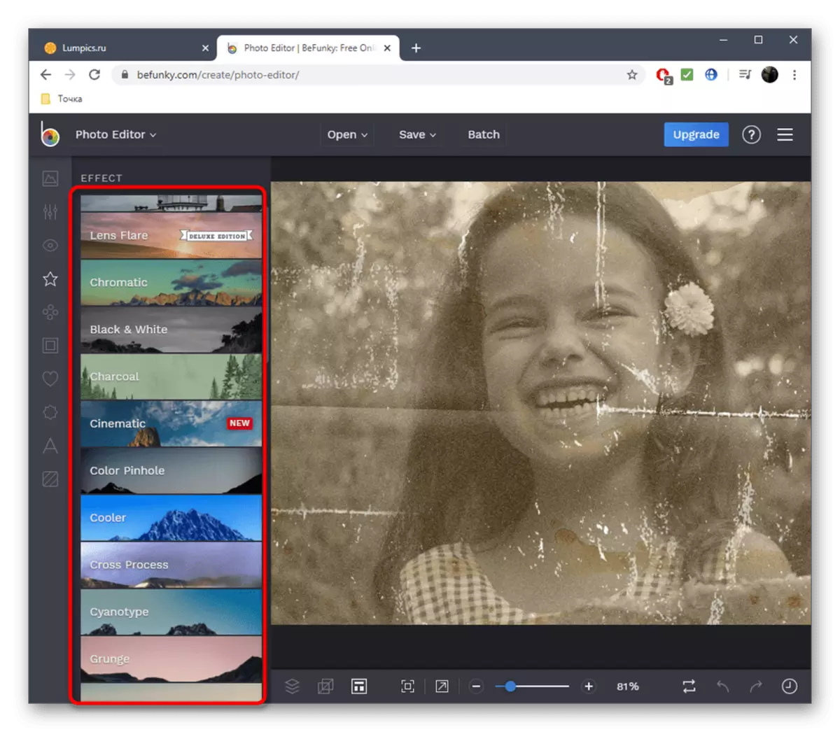 Përdorimi i filtrave për të përmirësuar foton në shërbimin online Befunky