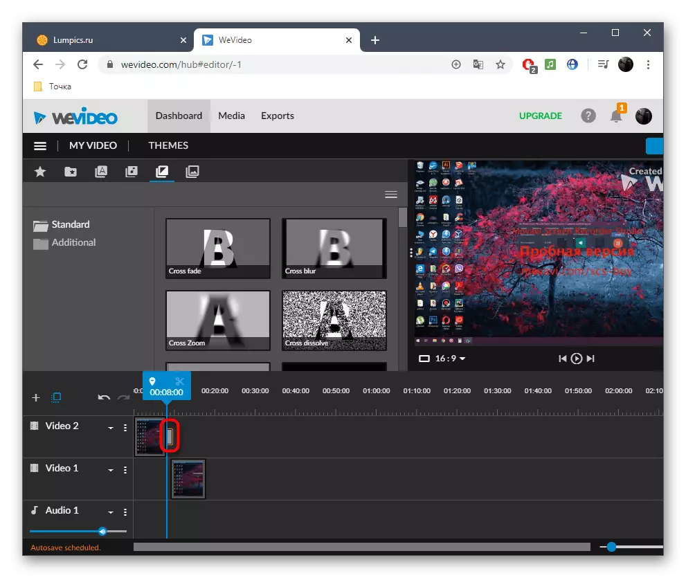 Placing the transition to timeline when gluing video via online service WEVIDEO