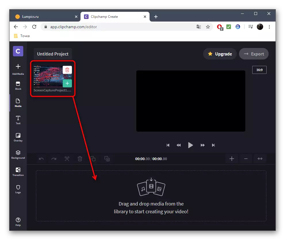 Adding video to the timeline for gluing in the ClipChamp web service