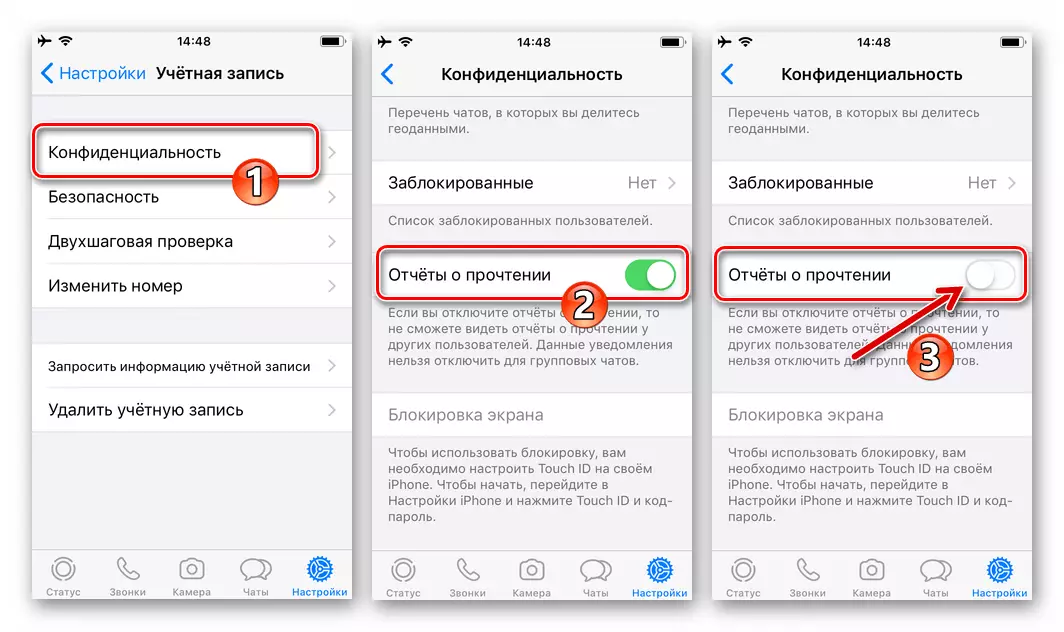 WhatsApp para iPhone Desactivar Enviar a Interlocutores Informe de mensaxes de lectura en Messenger
