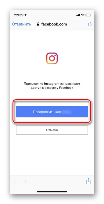 Napsauta Jatka, miten liitä Facebook Instagram Mobile -versiossa