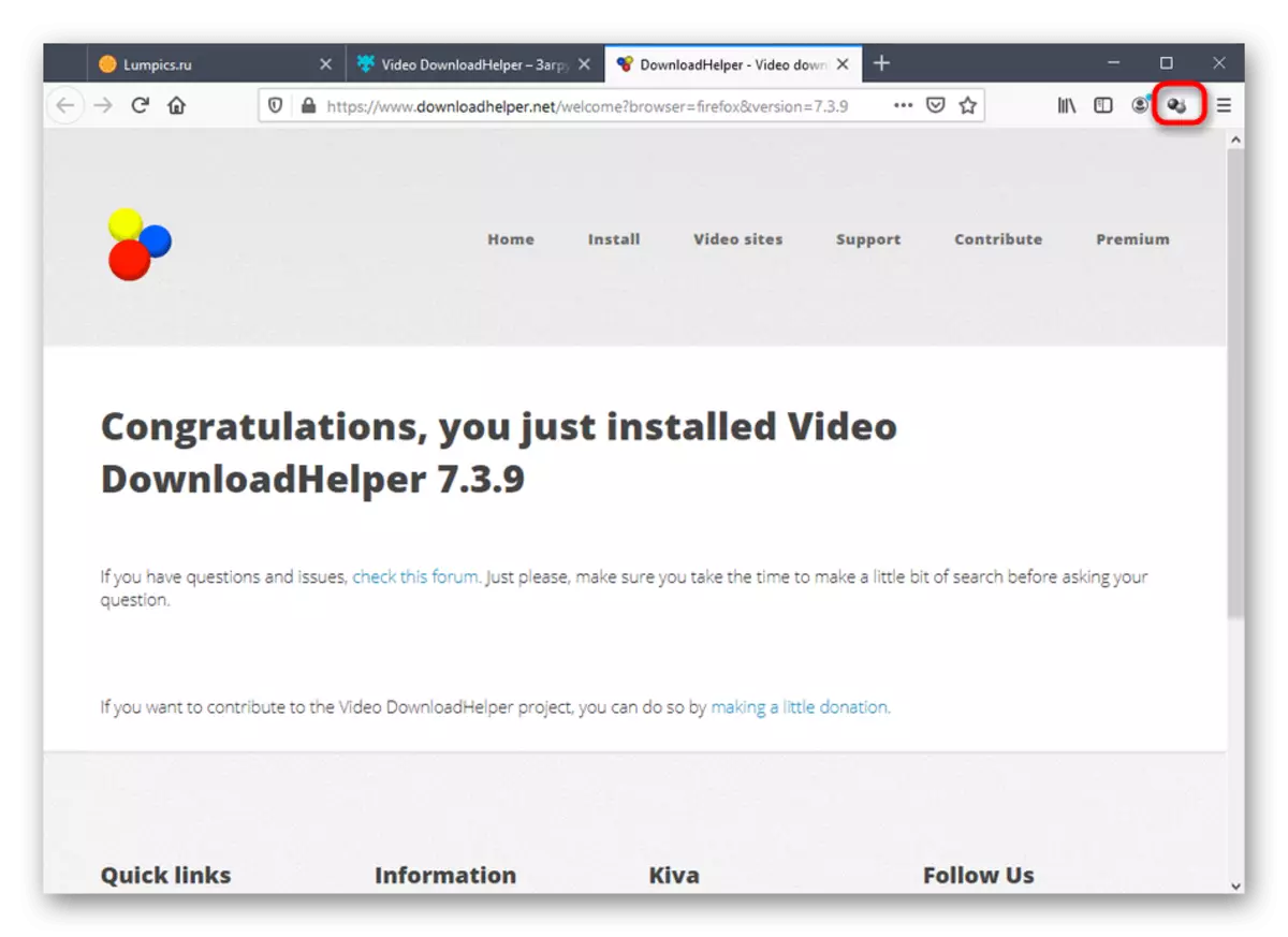 Instalación de éxito de instalación de vídeo downloadHelper en Mozilla Firefox