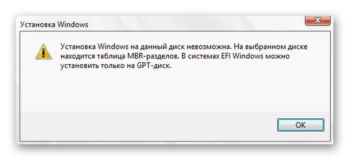 ຂໍ້ຜິດພາດໃນການຕິດຕັ້ງ Windows 10 ສໍາລັບແຜ່ນດິດກັບ MBR SEUTS
