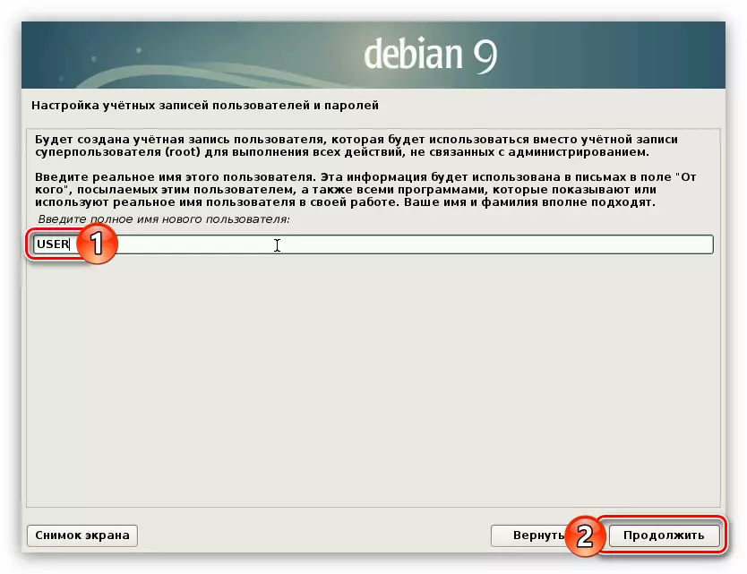 Sláðu inn nafn nýja notandans þegar hann setur upp Debian 9
