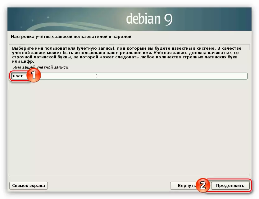 Sláðu inn reikningsnafnið þegar þú setur upp Debian 9