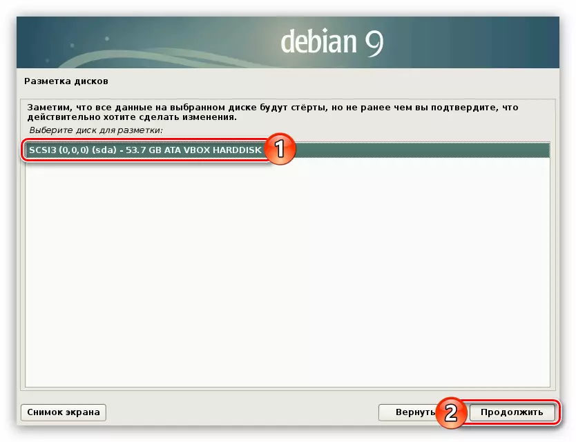 Selektado de disko por markado dum instalado de Debian 9