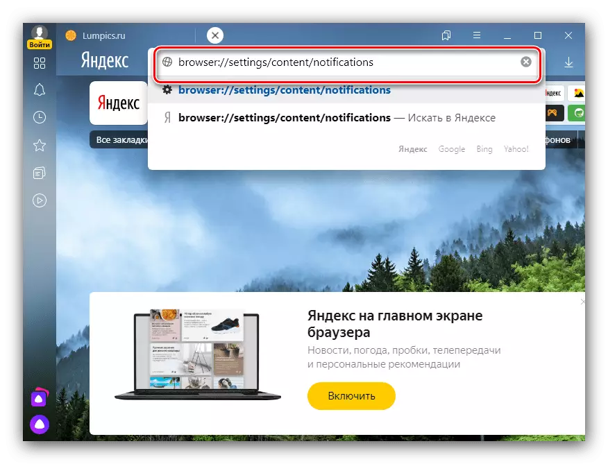 Ανοίξτε τη σελίδα ρυθμίσεων για την αφαίρεση της διαφήμισης από την κάτω δεξιά γωνία του προγράμματος περιήγησης Yandex