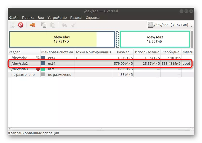 Valg af sektion eller disk i GPARTED-værktøjet i Linux til montering