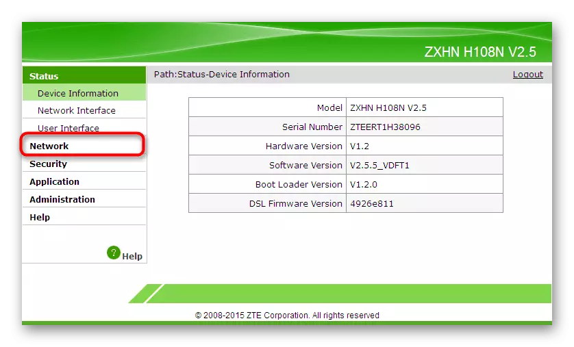 Գնացեք ցանցային պարամետրեր ZTE Router վեբ ինտերֆեյսի միջոցով