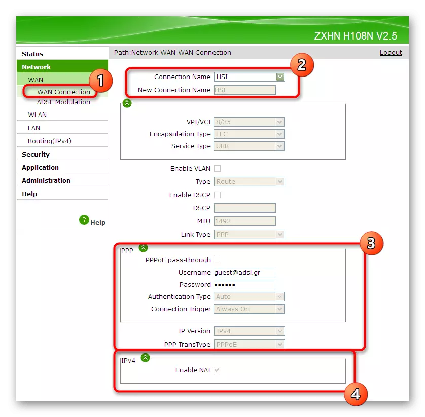 Selectarea setărilor pentru conectarea firului în interfața web ZTE Router