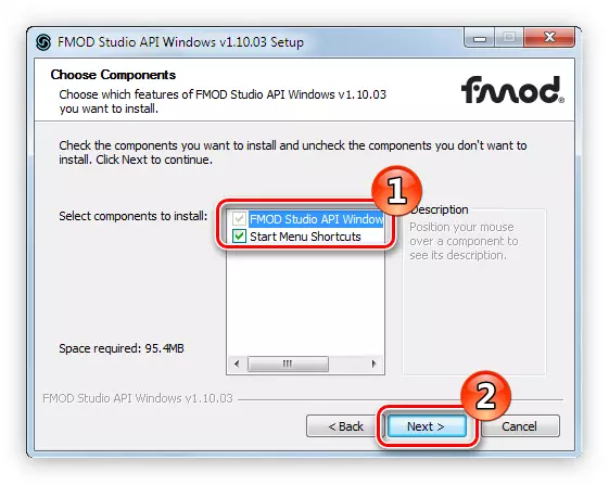 Instalēto komponentu izvēle FMOD STUDIO API paketē Installer
