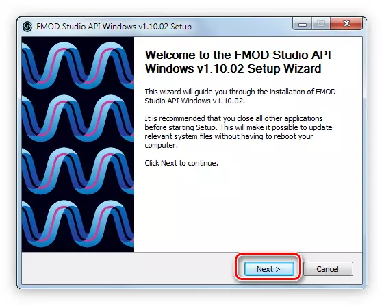 Първо прозорец, когато инсталирате пакета API FMOD Studio