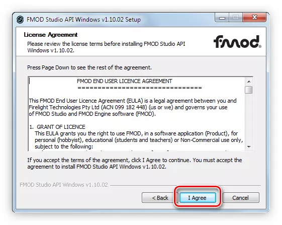 Преземање на условите за договор за лиценца при инсталирање на FMOD Studio API пакет