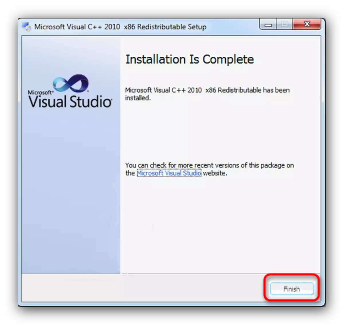 Microsoft Visual C ++ 2010 бағдарламасын қайта орналастыруды аяқтаңыз