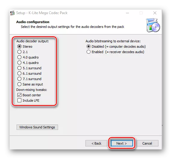 Selecteer de parameters van het Audio K-Lite Codec-pakket