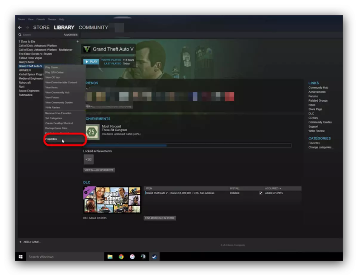 Відкрити вікно властивостей GTA 5 в Steam